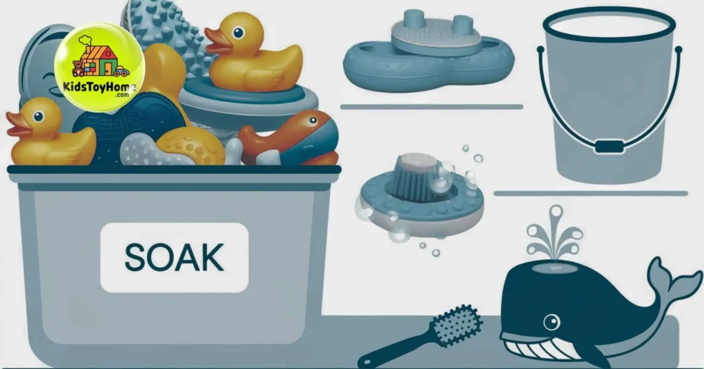A bucket filled with a whale toy, a toothbrush, and soap, illustrating how to clean bath toys effectively.