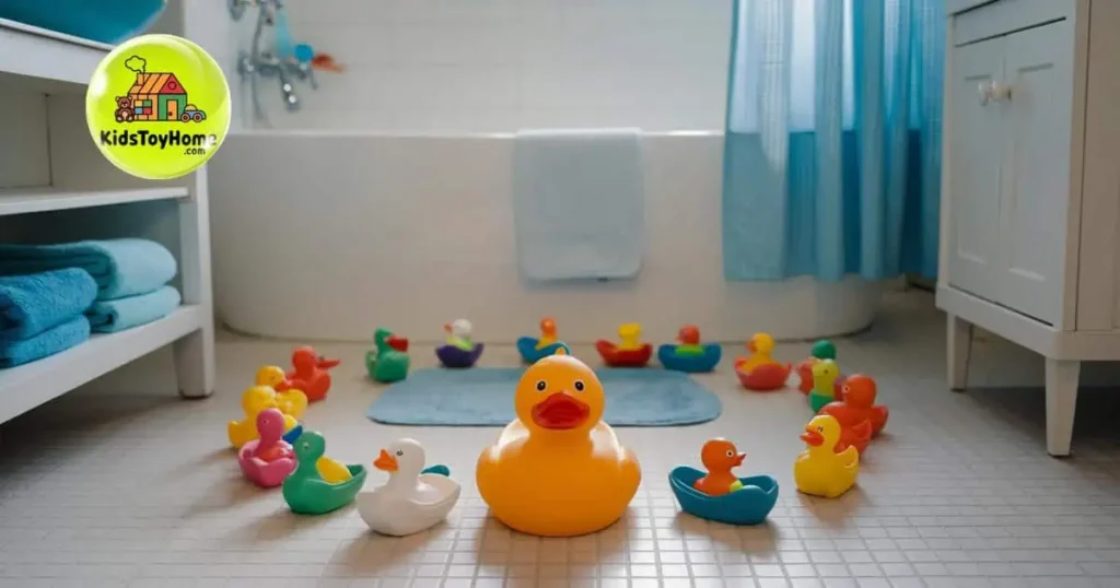 A bathroom featuring a tub filled with colorful rubber ducks, illustrating the importance of cleaning bath toys regularly.
