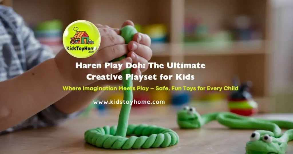 A photo of a child's hands kneading green play-doh into a ball shape. The play-doh is sitting on a wooden surface, and there are multiple play-doh creations in the background, including a snake and a frog. The background is blurred, showing a room with multiple play-doh items.