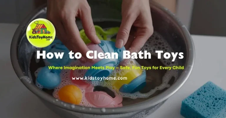 Visual instructions for cleaning bath toys, promoting hygiene and safety during children's bath time activities.