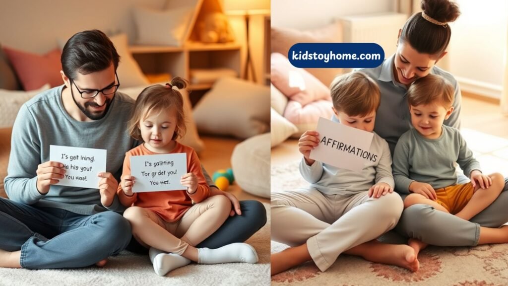 Parent and child bonding while reciting morning affirmations on a cozy rug.