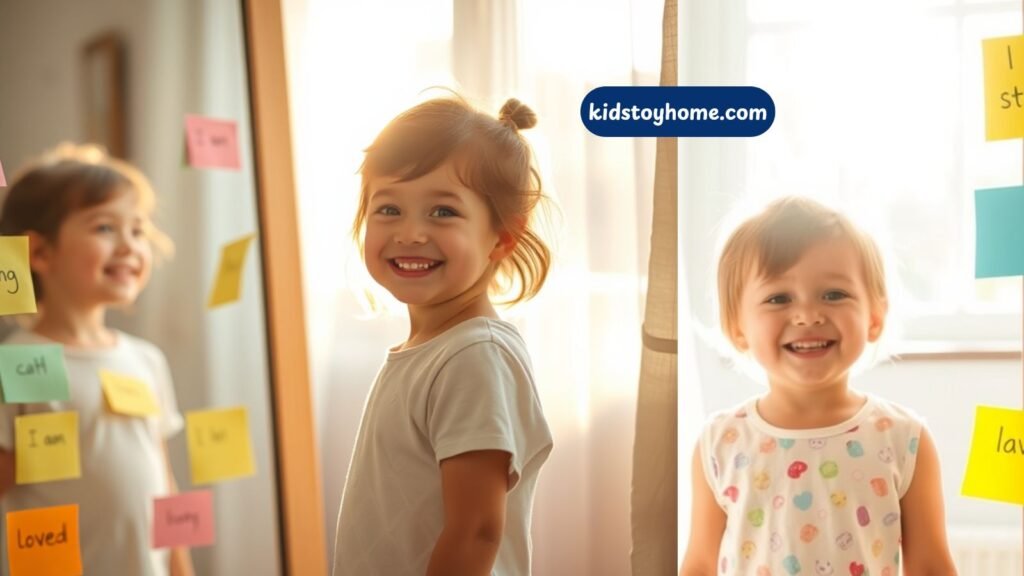 Happy child reading positive affirmations on a mirror in the morning light.