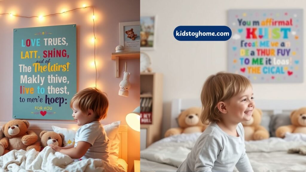 Child looking at an affirmation poster in a colorful and cozy bedroom.