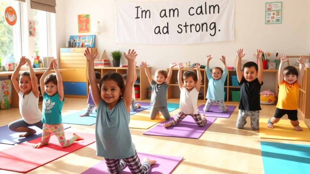 Kids practicing morning yoga with a calming affirmation banner in the background.