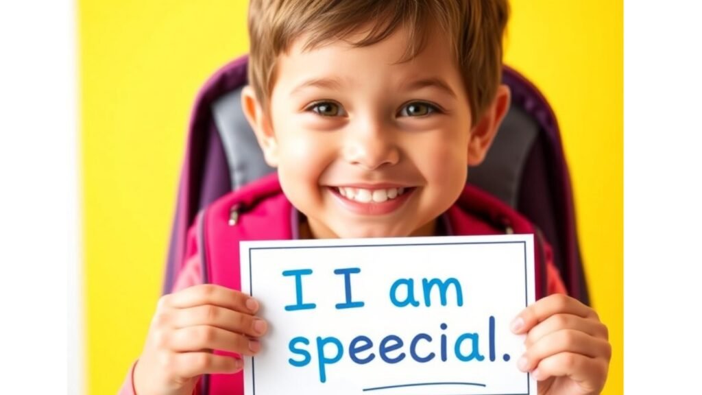 Smiling child holding an affirmation card before heading to school.